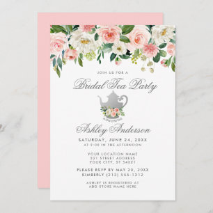 Convites Chá de panela Tea Party Floral Pink Silver Invite