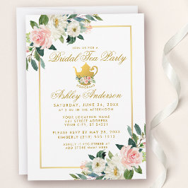 Convites Chá de panela Tea Party Rosa Dourado Floral 