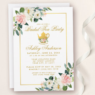 Convites Chá de panela Tea Party Rosa Dourado Floral