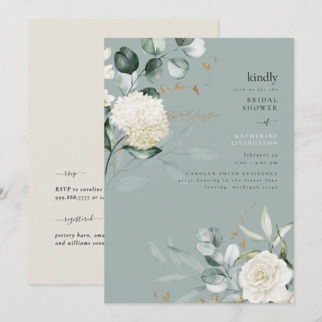 Convites Chá de panela Teal Elegance White Hydrangeas (Frente/Verso)