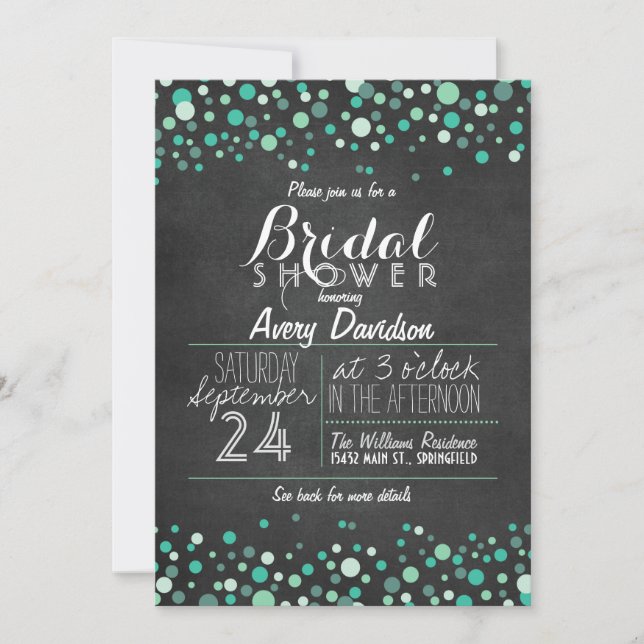 Convites Chá de panela Teal Green Confetti Chalkboard (Frente)