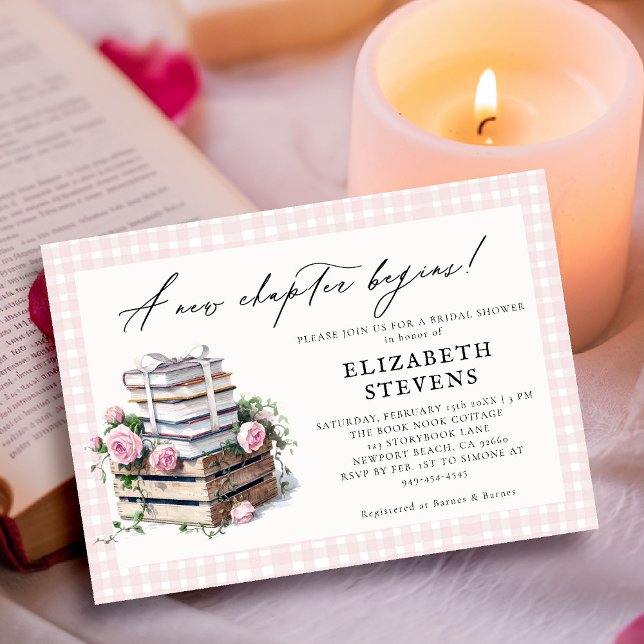 Convites Chá de panela Tema do Livro Rosas Russos Novo Capí (book theme bridal shower invitation book lover bookish rustic roses gingham pink watercolor)