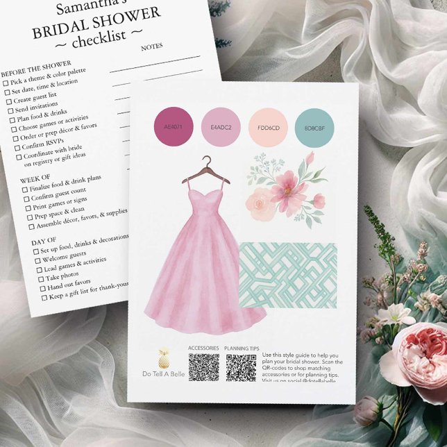 Convites Chá de panela Temas Rosa e Sage Blue Garden (Bridal shower planning guide and checklist pink and sage by Victoria Grigaliunas of Do Tell A Belle)