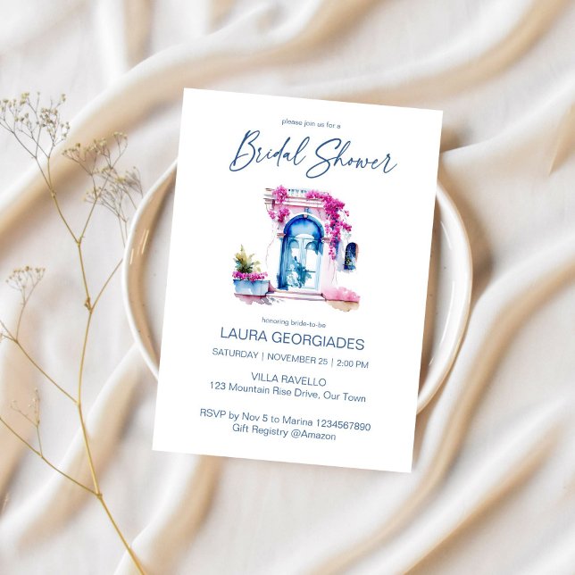 Convites Chá de panela temático Bougainvillea Mediterrânica (Bougainvillea Mediterranean blue themed bridal shower editable template Invitation digital download)