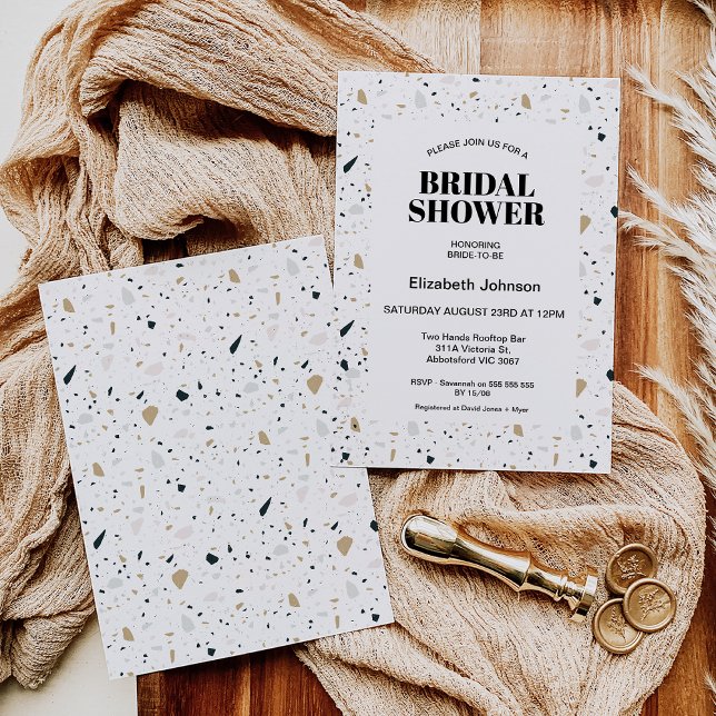 Convites Chá de panela Terrazzo Moderno Colorido (Light colored terrazzo themed bridal shower invitation featuring some black text and off white frame)