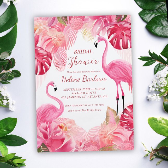 Convites Chá de panela Tropical Flamingo Rosa (Pink Tropical Flamingo Bridal Shower Invitation)