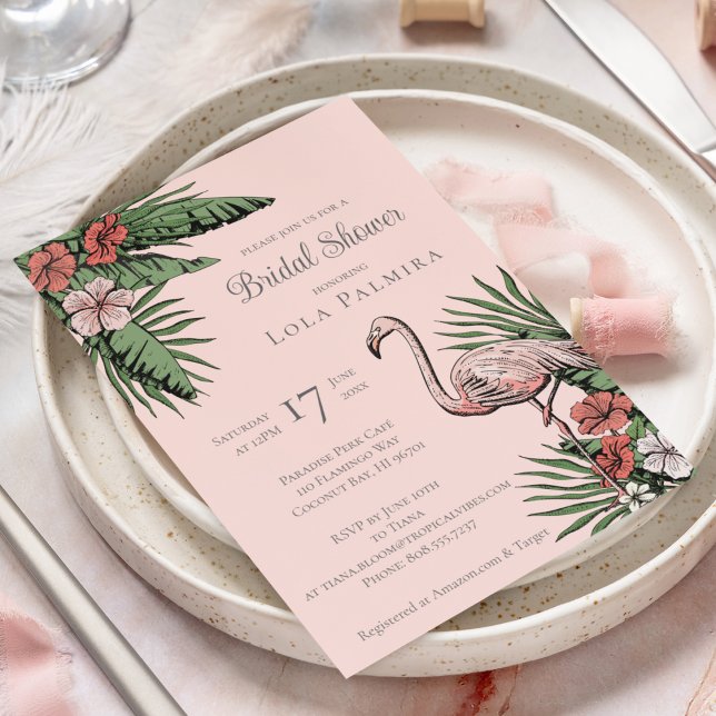 Convites Chá de panela Tropical Floral Flamingo Coral (Elegant Tropical Bridal Shower Design. Hand-Drawn Pink Flamingo, Hibiscus Flowers, Tropical Greenery)