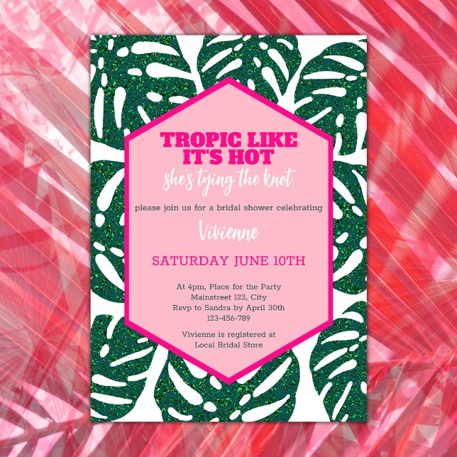 Convites Chá de panela tropical Glitter Rosa Selvagem Monst (tropical bridal shower tropic like its' hot she's tying the knot pink glitter monstera destination)