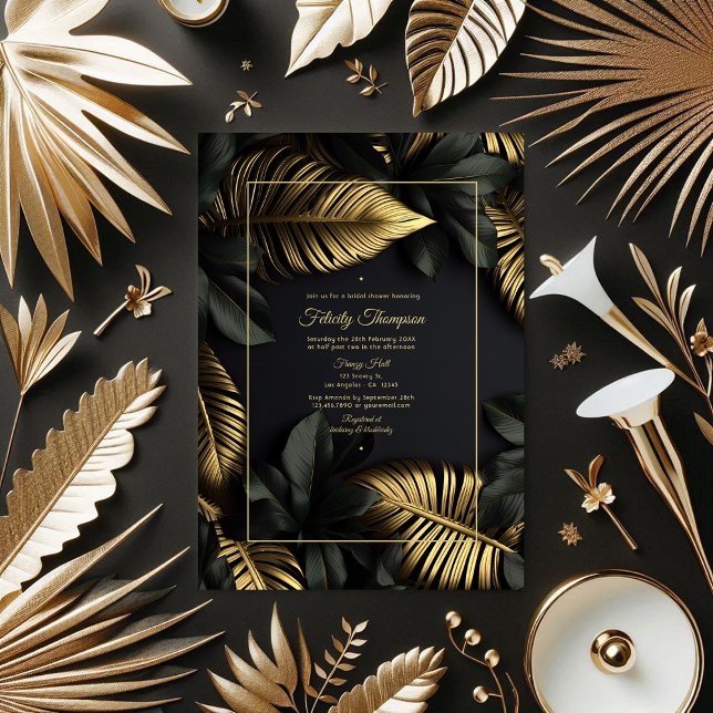 Convites Chá de panela tropical preto e Dourado (Black and Gold Tropical Bridal Shower Invitation)