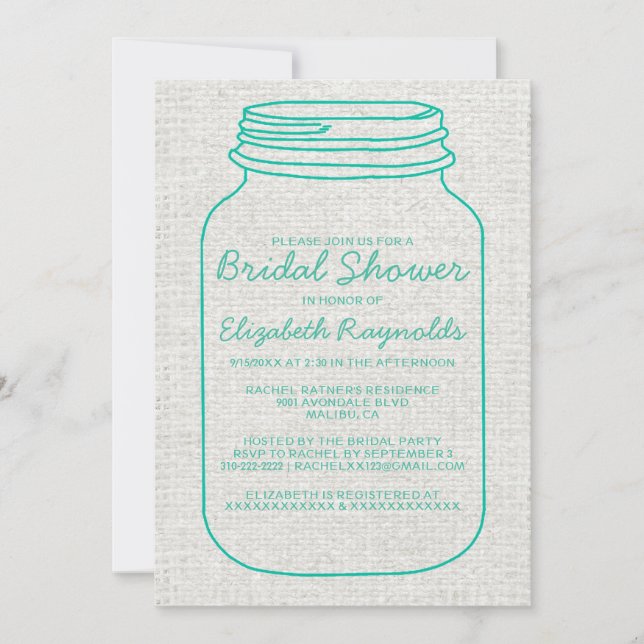 Convites Chá de panela Turquesa Rustic Mason Jar Convida (Frente)