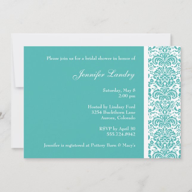 Convites Chá de panela Turquoise Damask (Frente)
