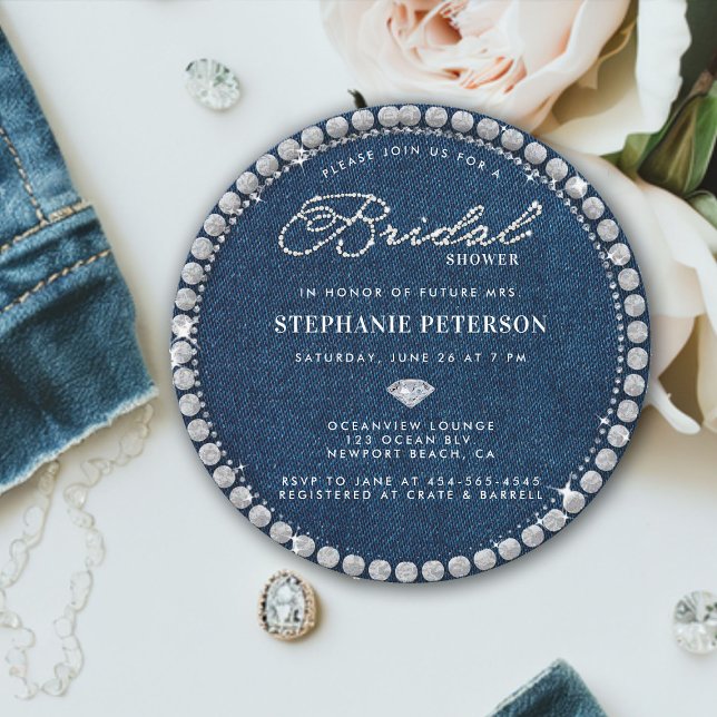 Convites Chá de panela Único de Casamento de Ouros de Denim (denim and diamonds bridal shower invitation big sparkler ring classy stylish chic modern romantic )