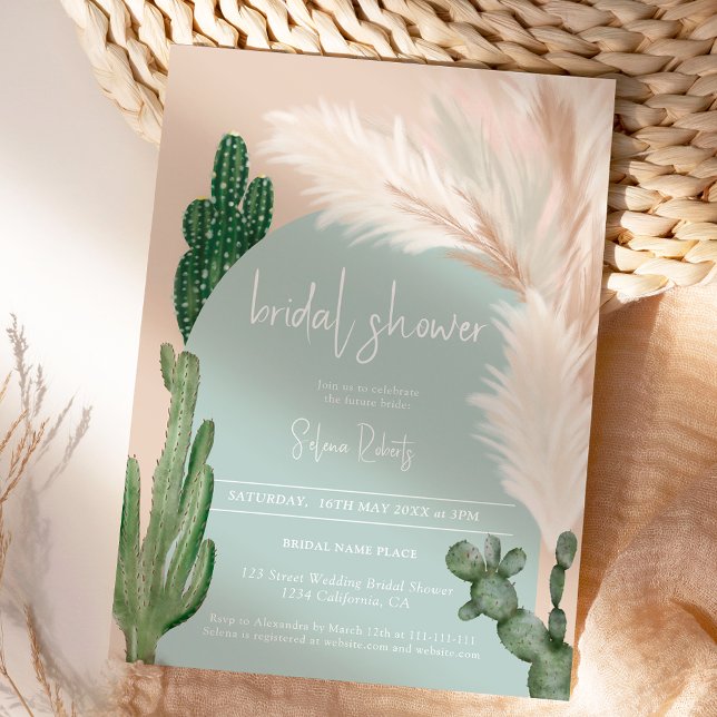Convites Chá de panela verde-arca Boho cactus pampas (Boho cactus pampas arch green bridal shower invitation)