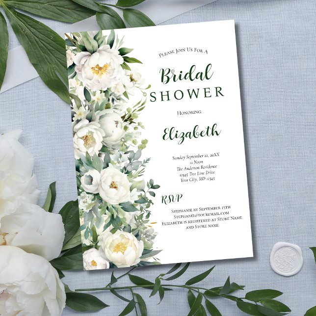 Convites Chá de panela verde-branco Eucalyptus (White Peony Floral Eucalyptus Greenery Bridal Shower Invitation)
