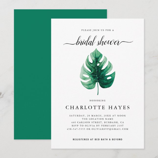 Convites Chá de panela Verde com Folha de Água Mínima (Frente/Verso)