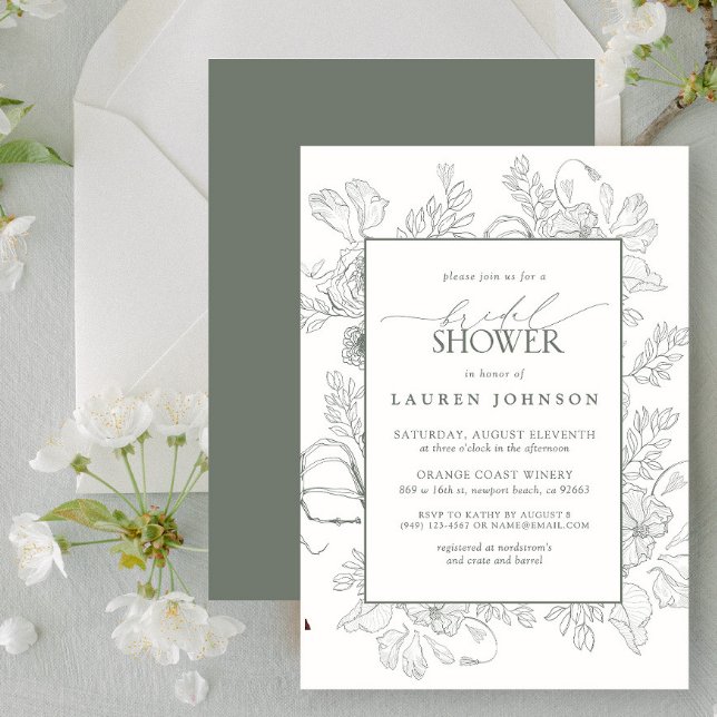 Convites Chá de panela Verde da Sage da Linha Floral Modern (Bridal Shower Invitation)