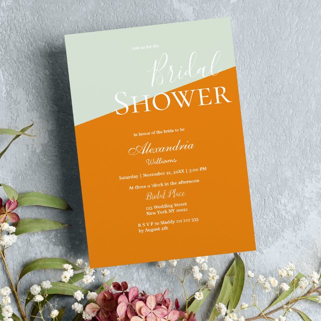 Convites Chá de panela verde de horta laranja moderna geomé (Geometric modern orange mint green Bridal Shower Invitation )
