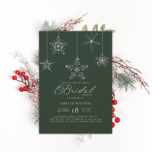 Convites Chá de panela Verde de inverno Rhinestone Snowflak (rhinestones bridal shower invitation glitter snowflakes dark sage green modern festive classy bling )