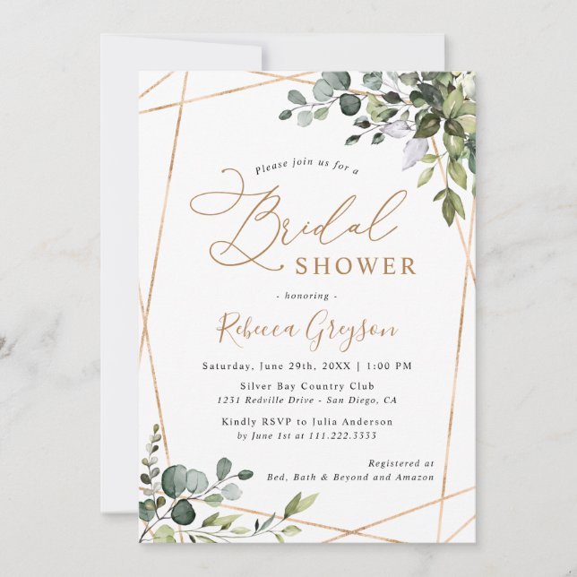 Convites Chá de panela Verde Dourado Geométrico Moderno (Frente)