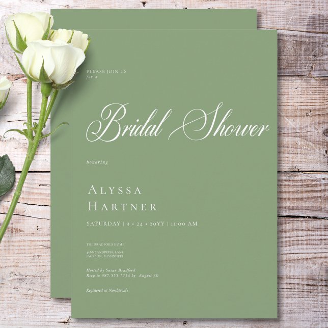 Convites Chá de panela verde e branco clássico mínimo (Minimal Classic Green & White Bridal Shower Invitation)