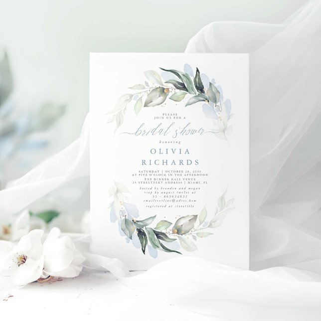 Convites Chá de panela verde Elegante Azul Dusty (Dusty Blue Greenery Bridal Shower Invitations)
