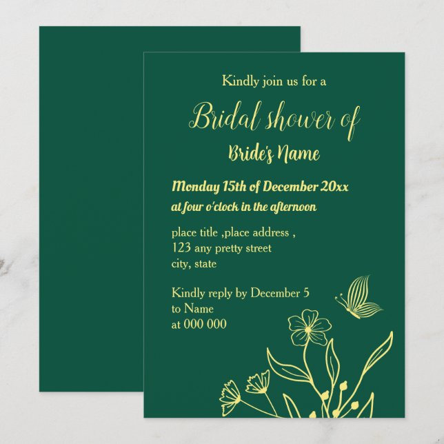 Convites Chá de panela verde esmeralda simples flor de ouro (Frente/Verso)
