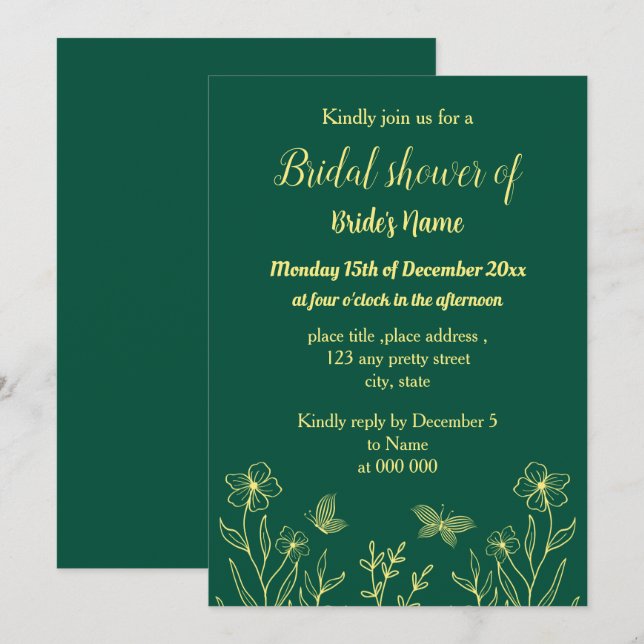 Convites Chá de panela verde esmeralda simples flor de ouro (Frente/Verso)