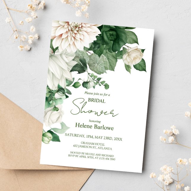 Convites Chá de panela Verde Floral Moderno (Modern Floral Emerald Green Bridal Shower Invitation)