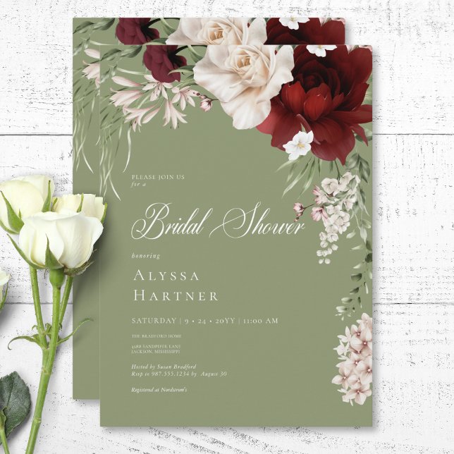 Convites Chá de panela Verde Floral Russo Branco e Borgonha (Rustic White & Burgundy Floral Green Bridal Shower Invitation)