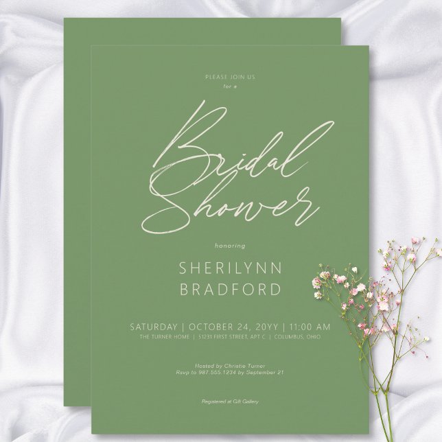 Convites Chá de panela Verde Mínimo Moderno (Modern Minimal Sage Green Bridal Shower Invitation)