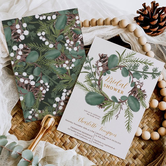 Convites Chá de panela verde moderno de inverno (Modern Bold green wreath winter bridal shower Invitation)