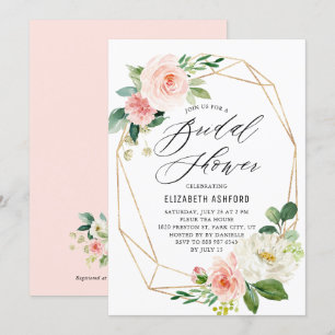 Convites Chá de panela verde-rosa-quadro Dourado geométri