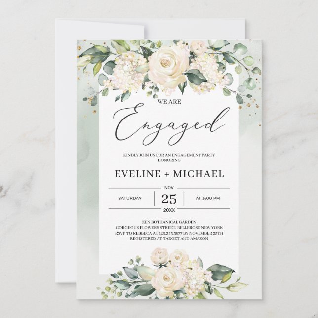 Convites Chá de panela verde rosas brancas boêmicas (Frente)