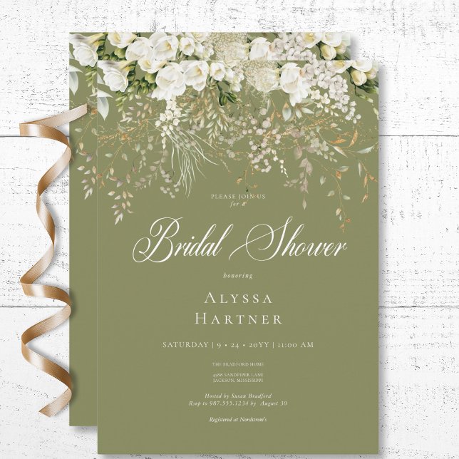 Convites Chá de panela Verde Rustic White Floral Sage (Rustic White Floral Drop Sage Green Bridal Shower Invitation)