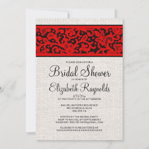 Convites Chá de panela Vermelho Black Burlap Linen