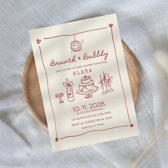 Convites Chá de panela Vermelho Desenhado em Brunch e Bubbl (Brunch & Bubbly Bridal Shower Invitation Hand Drawn Red Hand Illustrated Champagne Let's Toast)