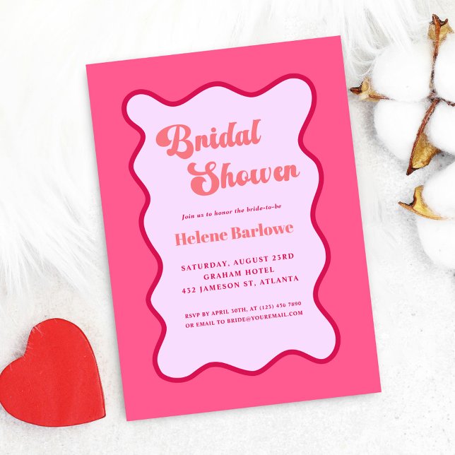 Convites Chá de panela vermelho-rosa-retroativo (Retro Pink Red Wavy Bridal Shower Invitation)