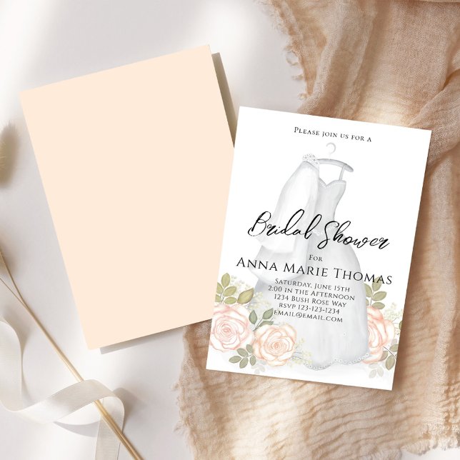 Convites Chá de panela Vestido Elegante Blush Floral (Bridal shower elegant wedding gown calligraphy script invitations.)