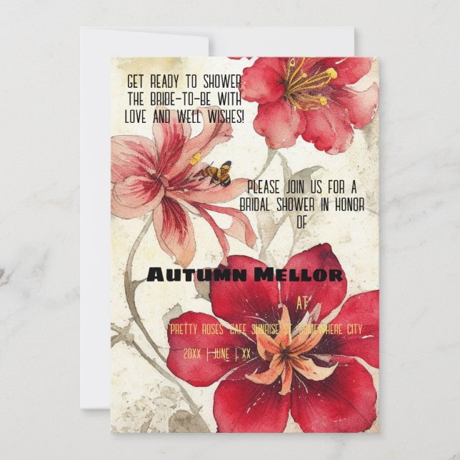 Convites Chá de panela Vintage Ephemera Red Lillies (Frente)