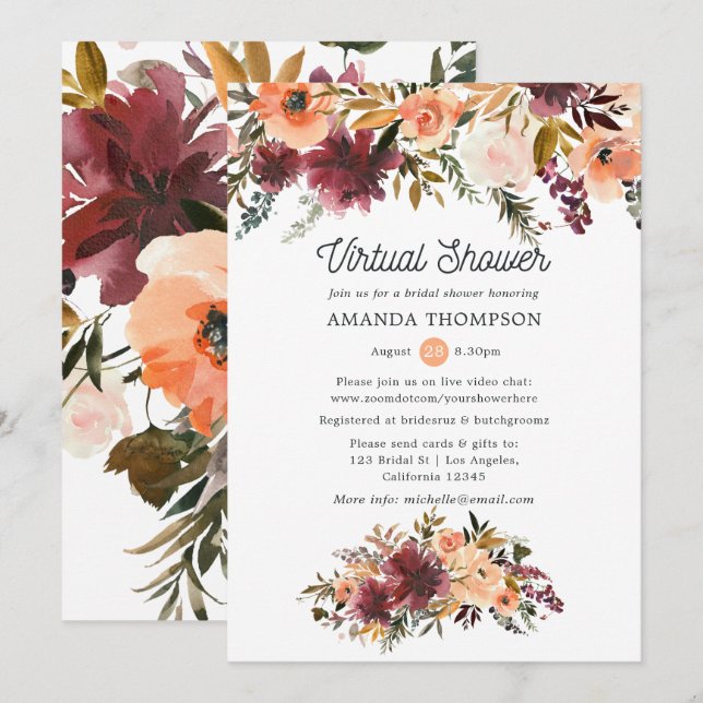 Convites Chá de panela Virtual Bordo Peach Watercolor (Frente/Verso)