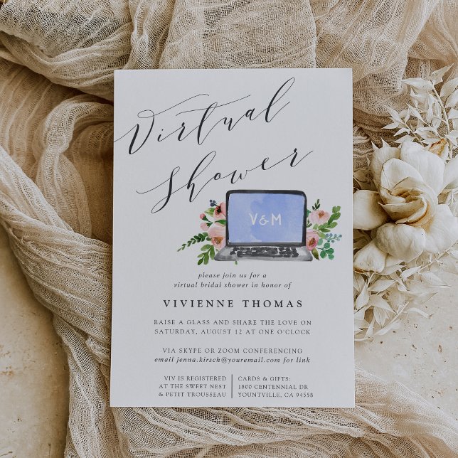 Convites Chá de panela Virtual de Laptop Floral (Criador carregado)