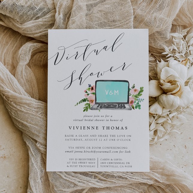 Convites Chá de panela Virtual de Laptop Floral (Criador carregado)