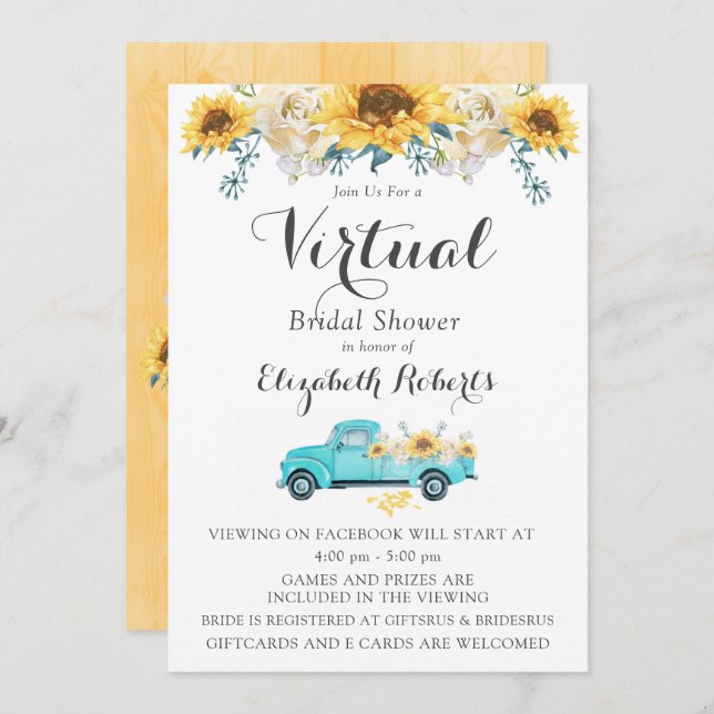 Convites Chá de panela Virtual de Truque de Sunflower Teal  (Frente/Verso)