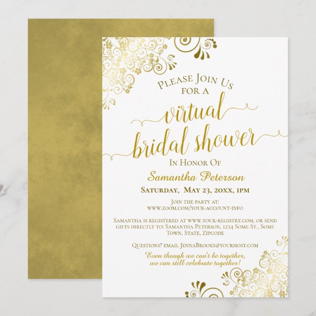 Convites Chá de panela virtual Dourado e branco elegante (Frente/Verso)