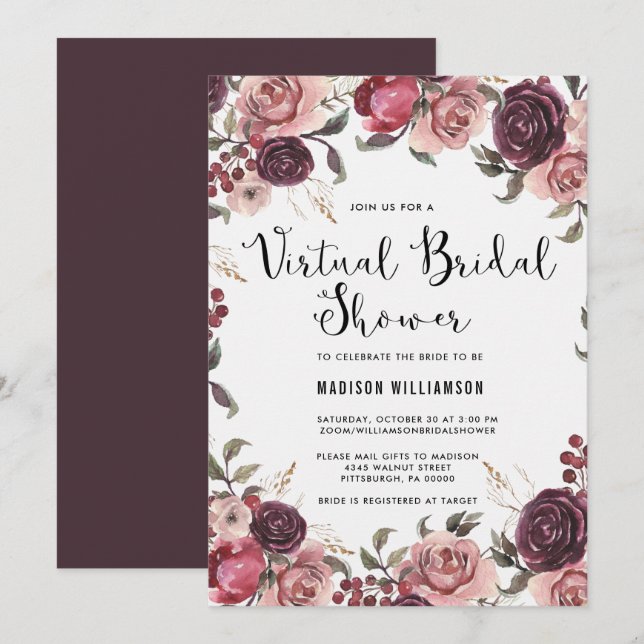 Convites Chá de panela Virtual Floral de Quebra de Aquarela (Frente/Verso)