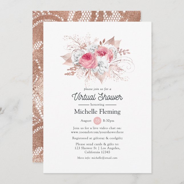 Convites Chá de panela Virtual Floral e Lace (Frente/Verso)