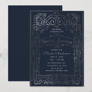 Convites Chá de panela Vitoriano marinho Azul e Silver Vint