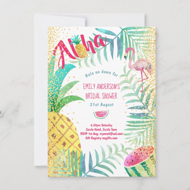 Convites Chá de panela Watercolor Luau Invoca Abacaxi (Frente)