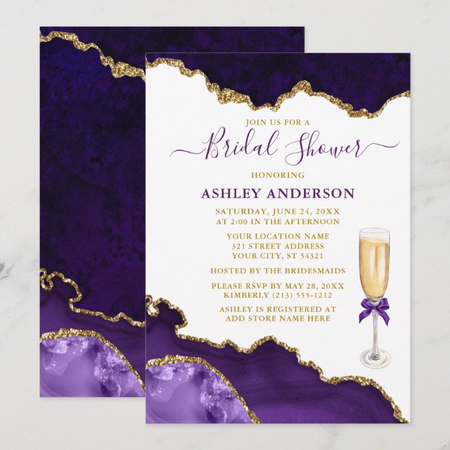 Convites Chá de panela Watercolor Roxo Marble Geode Dourado (Frente/Verso)