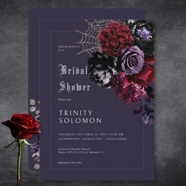 Convites Chá de panela Web Floral e Silver Roxo Escuro (Dark Purple Floral & Silver Web Bridal Shower Invitation)